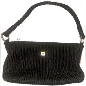 Lina Crochet Woven Knit Shoulder Bag Purse Handbag with Braided Handle in black